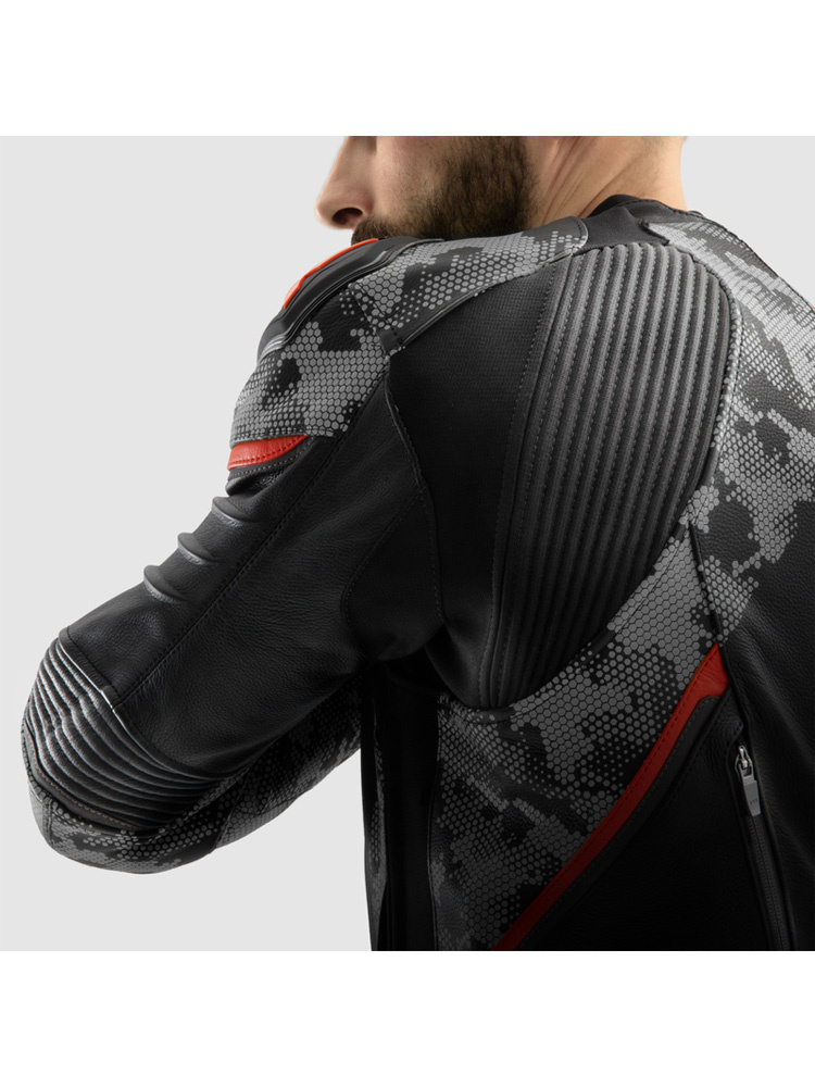 Kurtka motocyklowa skórzana Rebelhorn Veloce czarno-szaro camo-czerwona