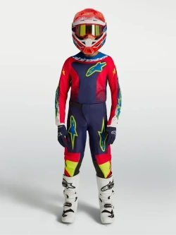 Spodnie cross dziecięce Alpinestars MX Fluid Drag niebiesko-czerwono-żółte