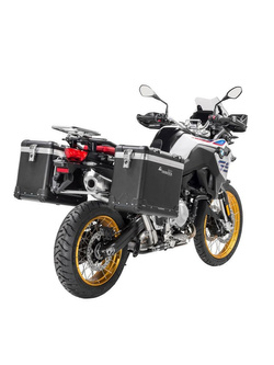 Zestaw: kufry boczne z anodowanego aluminium czarne Zega Pro + stelaże srebrne Touratech BMW F850GS/ Adventure/ F750GS/ F900GS Adventure/ F800GS (24-) (38+45L)