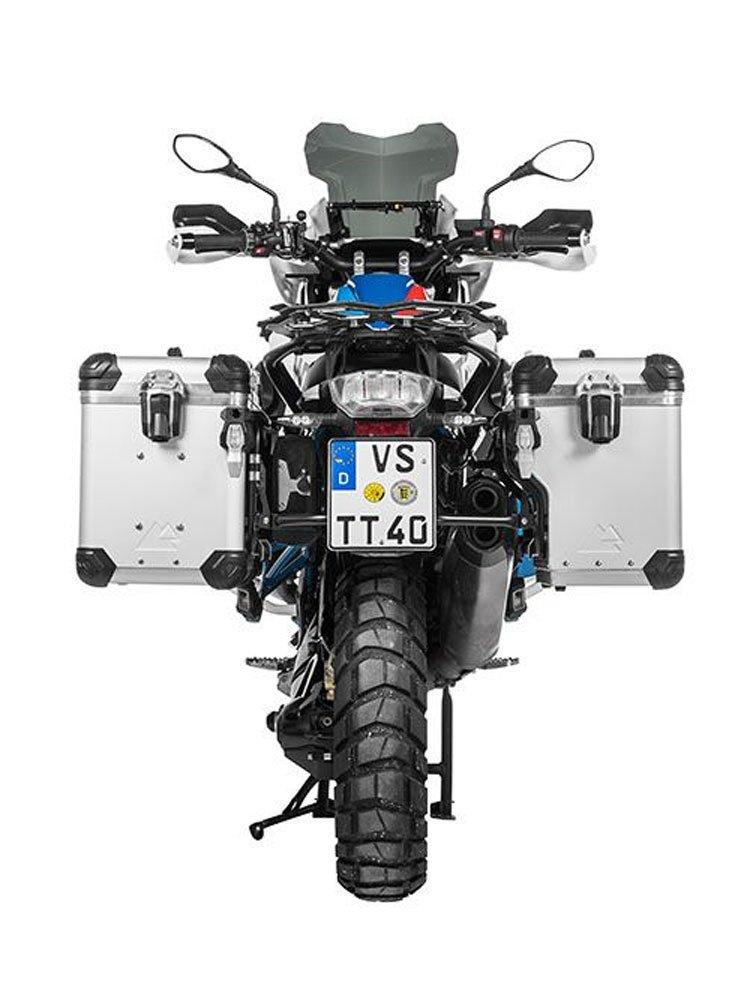 Zestaw: kufry boczne z anodowanego aluminium srebrne Zega Evo X + stelaże czarne Touratech BMW R1250GS/Adventure/ R1200GS (13-21)/ R1200GS Adventure (14-21) (2 x 45L)