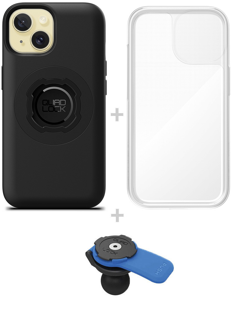 Zestaw: etui MAG na telefon iPhone 15 (magnetyczne), wodoodporny pokrowiec MAG oraz uchwyt kulowy Quad Lock