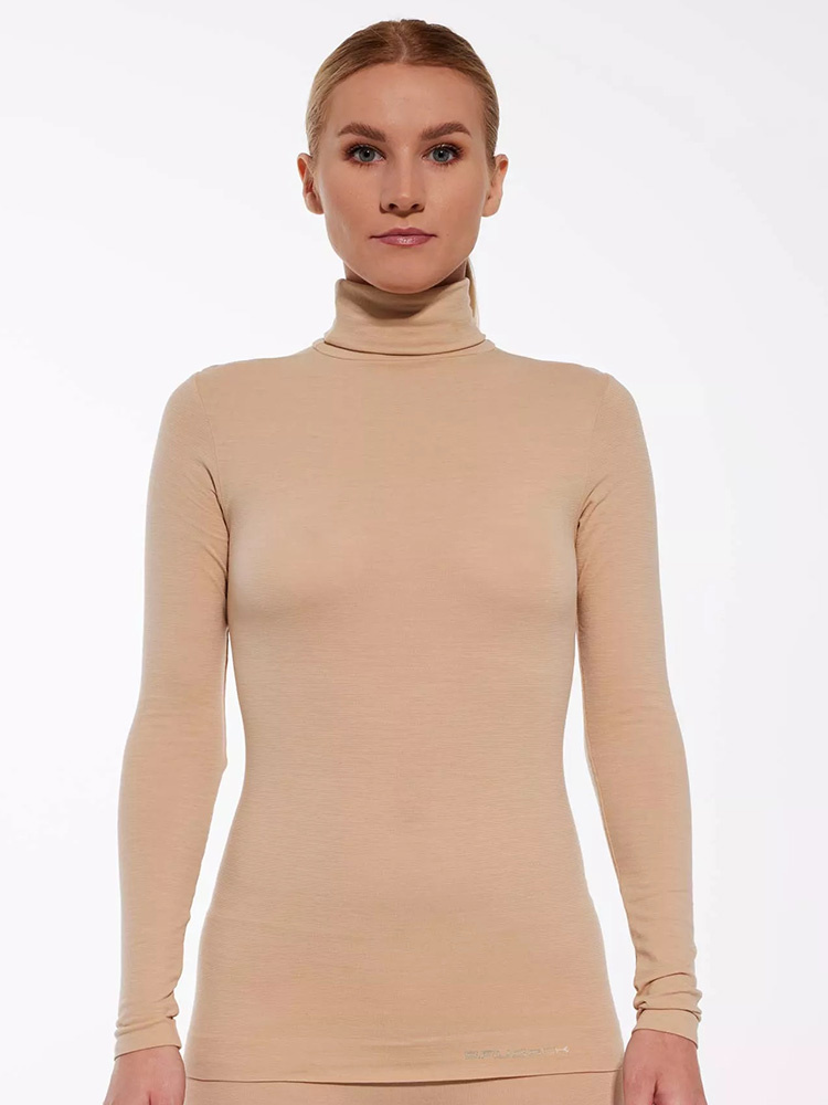 Koszulka damska z golfem Brubeck Comfort Merino beżowa