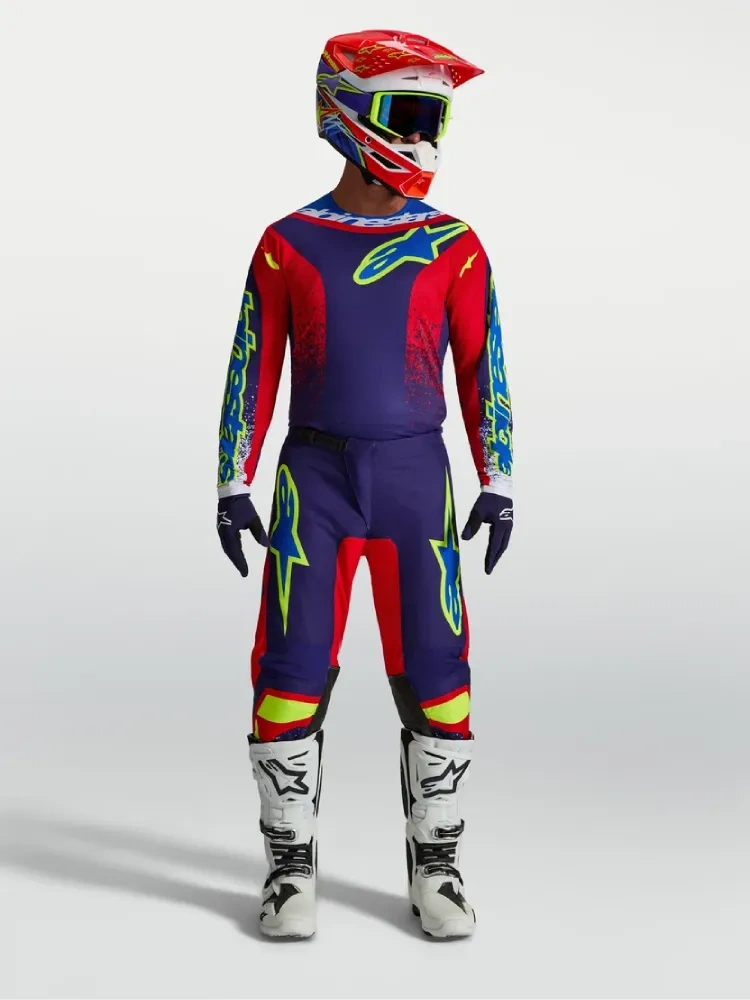 Spodnie cross Alpinestars MX Fluid Drag niebiesko-czerwono-żółte