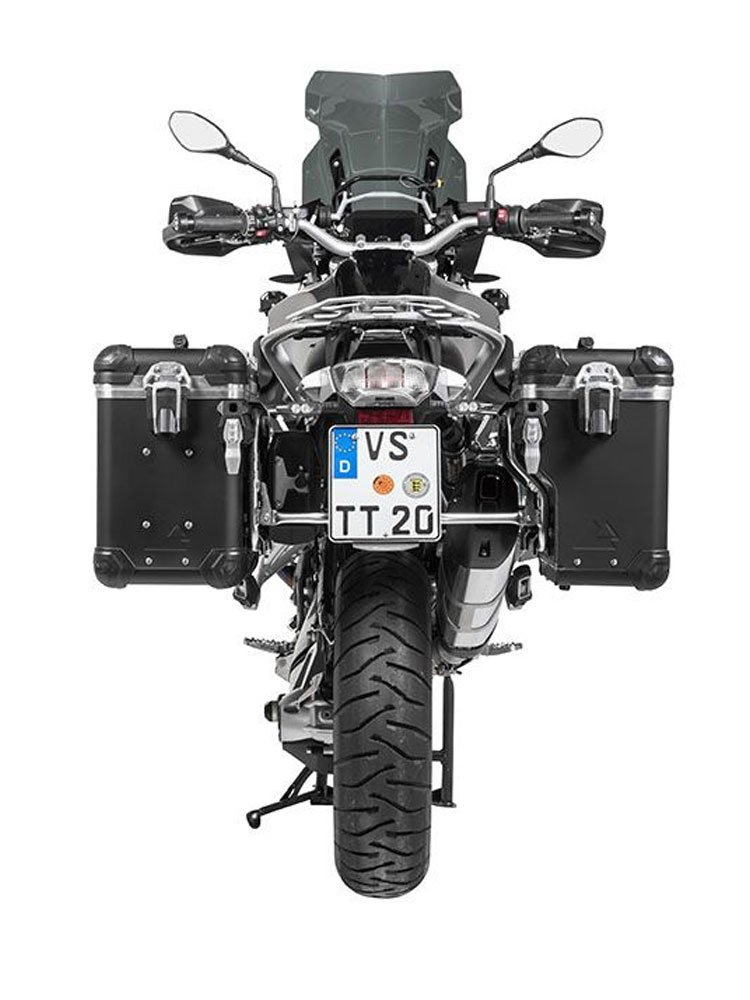 Zestaw: kufry boczne z anodowanego aluminium czarne Zega Evo X + stelaże srebne Touratech BMW R1250GS/Adventure/ R1200GS (13-21)/ R1200GS Adventure (14-21) (2 x 38L)