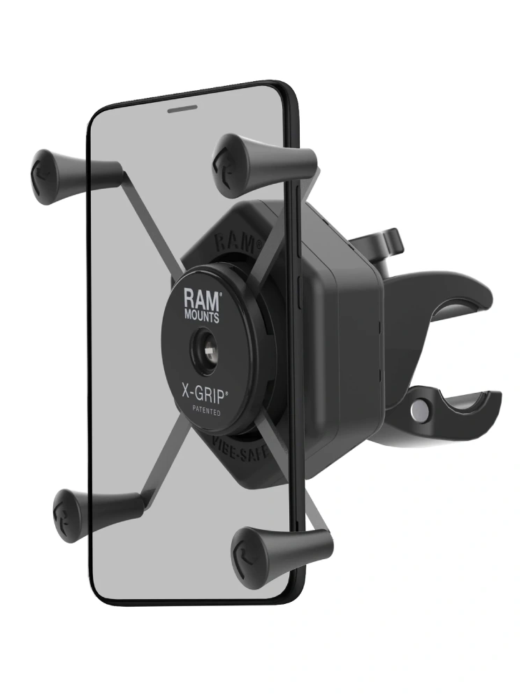 Uchwyt na telefon RAM X-Grip duży z adapterem tłumiącym wibracje i klamrą zaciskową Tough-Claw