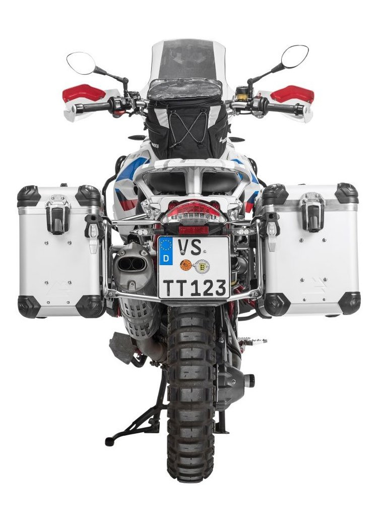 Zestaw: kufry boczne z anodowanego aluminium srebrne "And-S" Zega Evo + stelaże srebrne Touratech BMW R1200GS (-12)/R1200GS Adventure (-13) (38+45L)