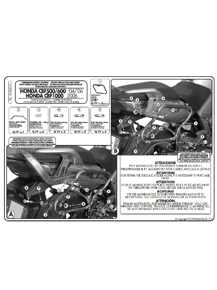 Stelaż kufrów bocznych Monokey Side Kappa Honda CBF 500/ 600 S/ N (04-12)/ 1000/ ABS (06-09)[mocowany do stelaża centralnego]