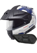 Zestaw: kask szczękowy Schuberth E2 Atlas biało-niebieski + dedykowany interkom motocyklowy