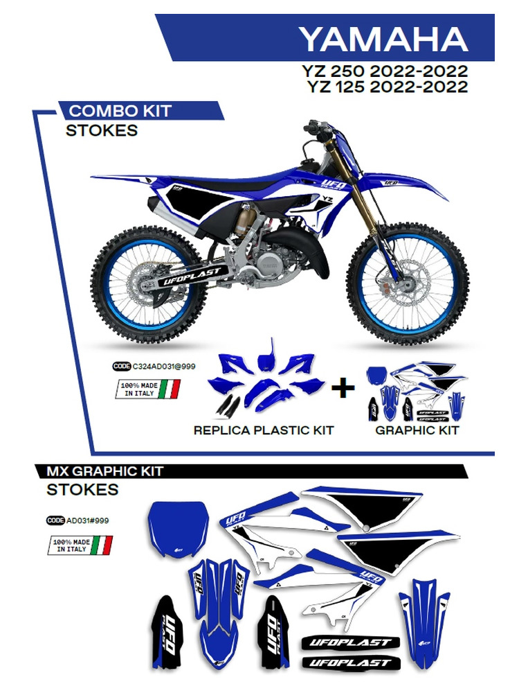 Komplet plastików i naklejek UFO Stokes do Yamahy YZ 125/250 (22-) niebiesko-czarno-biały