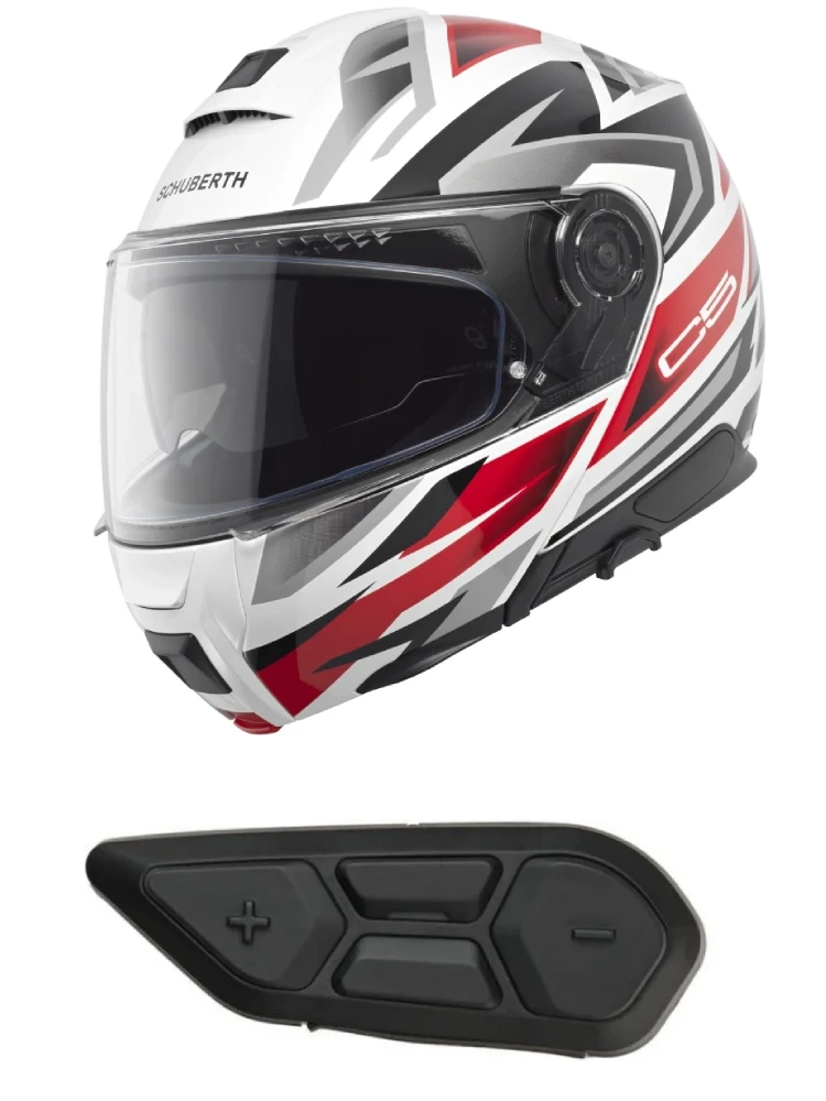 Zestaw: Kask szczękowy Schuberth C5 Zenith biało-czarno-czerwony połysk + dedykowany interkom motocyklowy