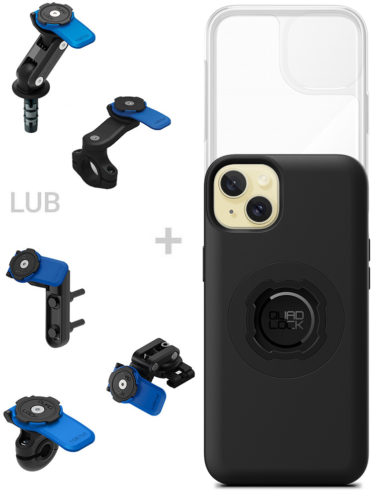 Zestaw na motocykl: etui MAG na telefon iPhone 15 Plus (magnetyczne) + wodoodporny pokrowiec MAG + mocowanie Quad Lock
