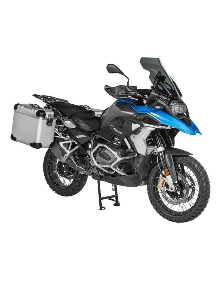 Zestaw: kufry boczne z anodowanego aluminium srebrne "And-S" Zega Evo + stelaże srebrne Touratech BMW R1250GS/ R1250GS Adventure/ R1200GS (13-21)/ R1200GS Adventure (14-21) (38+45L)