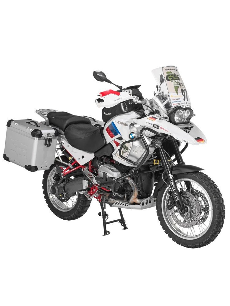 Zestaw: kufry boczne z anodowanego aluminium srebrne "And-S" Zega Evo + stelaże srebrne Touratech BMW R1200GS (-12)/R1200GS Adventure (-13) (38+45L)