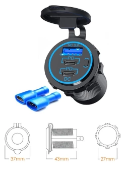 Potrójne Gniazdo USB (QC 3.0 + 2 x Typ C PD) Biketec mocowane do owiewki lub kierownicy czarne