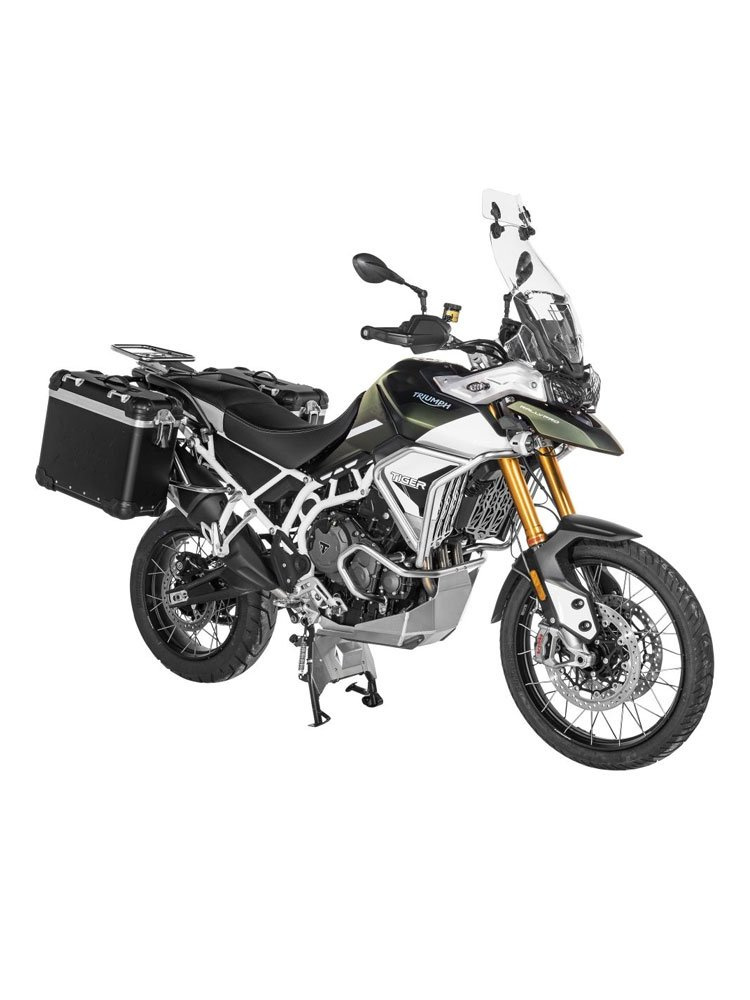 Zestaw: kufry boczne z anodowanego aluminium czarne "And-Black" Zega Evo + stelaże srebrne Touratech Triumph Tiger 900 Rally / Pro / GT / GT Pro (20-) (31+38L)