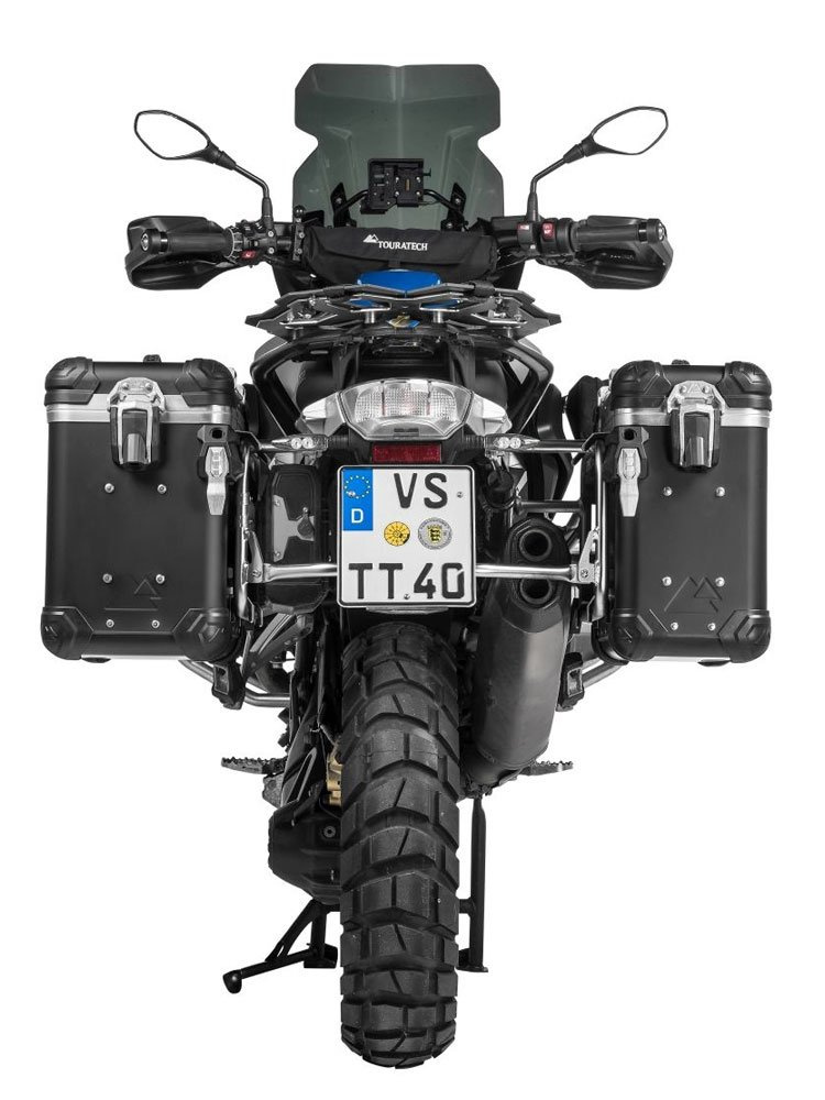 Zestaw: kufry boczne z anodowanego aluminium czarne "And-Black" Zega Evo + stelaże srebrne Touratech BMW R1250GS/ R1250GS Adventure/ R1200GS (13-)/ R1200GS Adventure (14-) (31+38L)