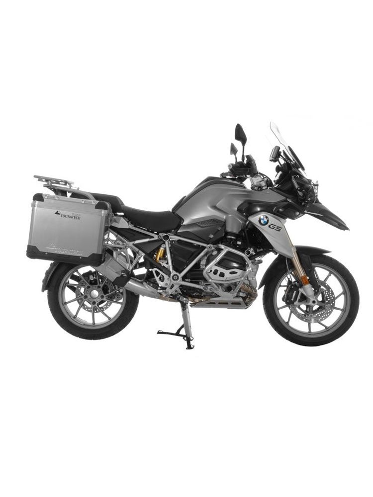 Zestaw: kufry boczne aluminiowe srebrne Zega Pro + stelaże czarne Touratech BMW R1250GS/ R1250GS Adventure/ R1200GS (13-21)/ R1200GS Adventure (14-21) (38+45L)