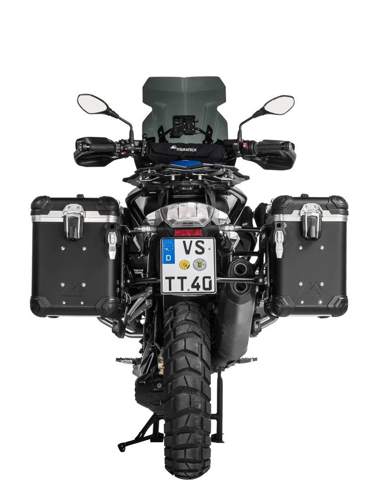 Zestaw: kufry boczne z anodowanego aluminium czarne "And-Black" Zega Evo + stelaże czarne Touratech BMW R1250GS/ R1250GS Adventure/ R1200GS (13-21)/ R1200GS Adventure (14-21) (38+45L)