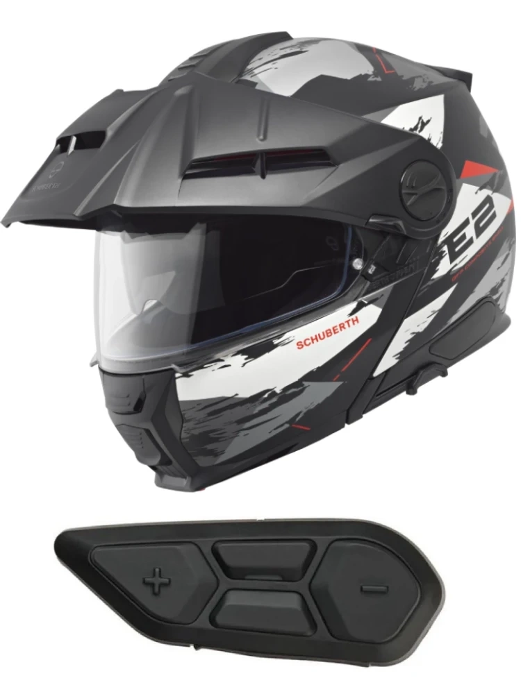 Zestaw: Kask szczękowy Schuberth E2 Trail czarno-szaro-biały matowy + dedykowany interkom motocyklowy
