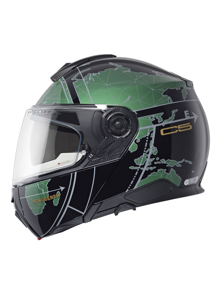 Zestaw: kask szczękowy Schuberth C5 Globe zielono-czarny + dedykowany interkom motocyklowy