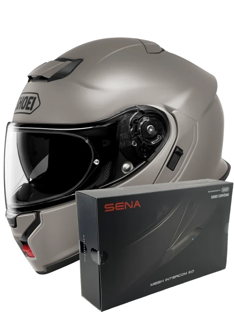 Zestaw: kask szczękowy Shoei Neotec 3 Chalk szary + dedykowany interkom motocyklowy Sena SRL 3