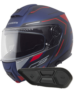 Zestaw: kask szczękowy Schuberth C5 Omega niebiesko-czarno-czerwony + dedykowany interkom motocyklowy