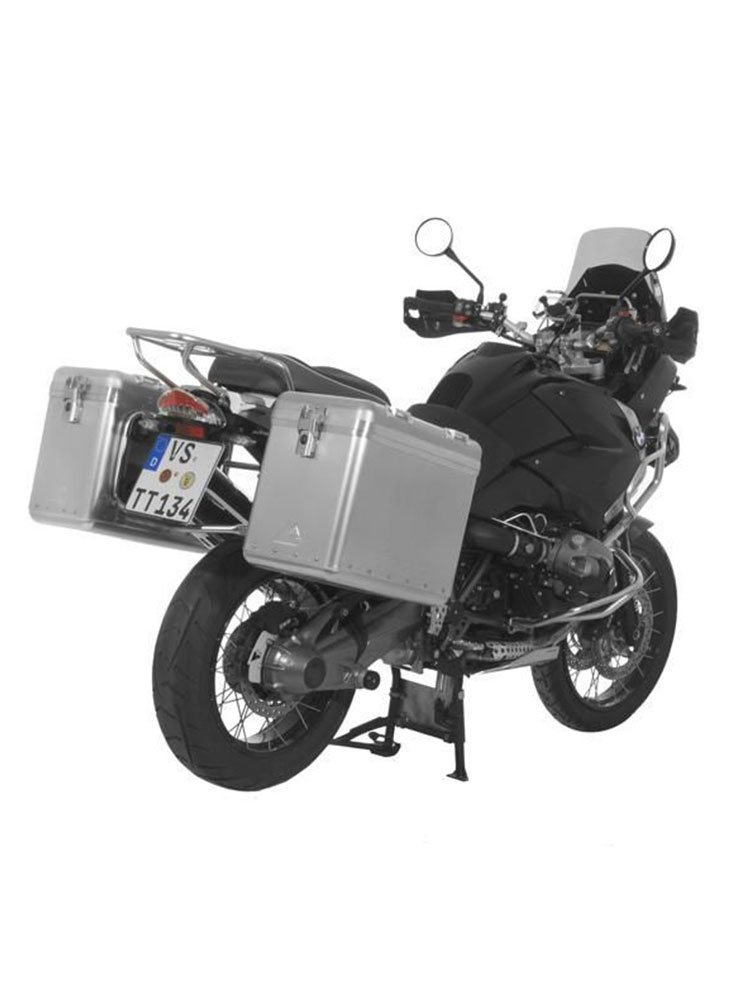 Zestaw: kufry boczne srebrne Zega Mundo + stelaże srebrne Touratech BMW R1200GS/Adventure (38+45L)