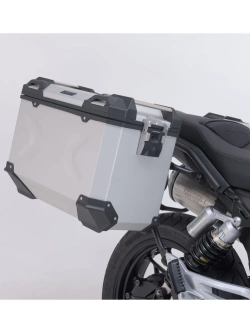 Zestaw: kufry boczne + kufer centralny TRAX ADV + stelaże SW-Motech Moto Guzzi V85 Strada (24-) srebrne