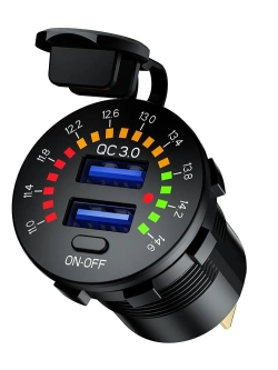 Podwójne gniazdo USB QC3.0 z woltomierzem Biketec mocowane do owiewki lub kierownicy czarne