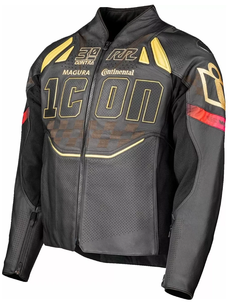 Kurtka motocyklowa skórzana Icon Contra3 Rizz Rizz czarno-czerwono-żółta