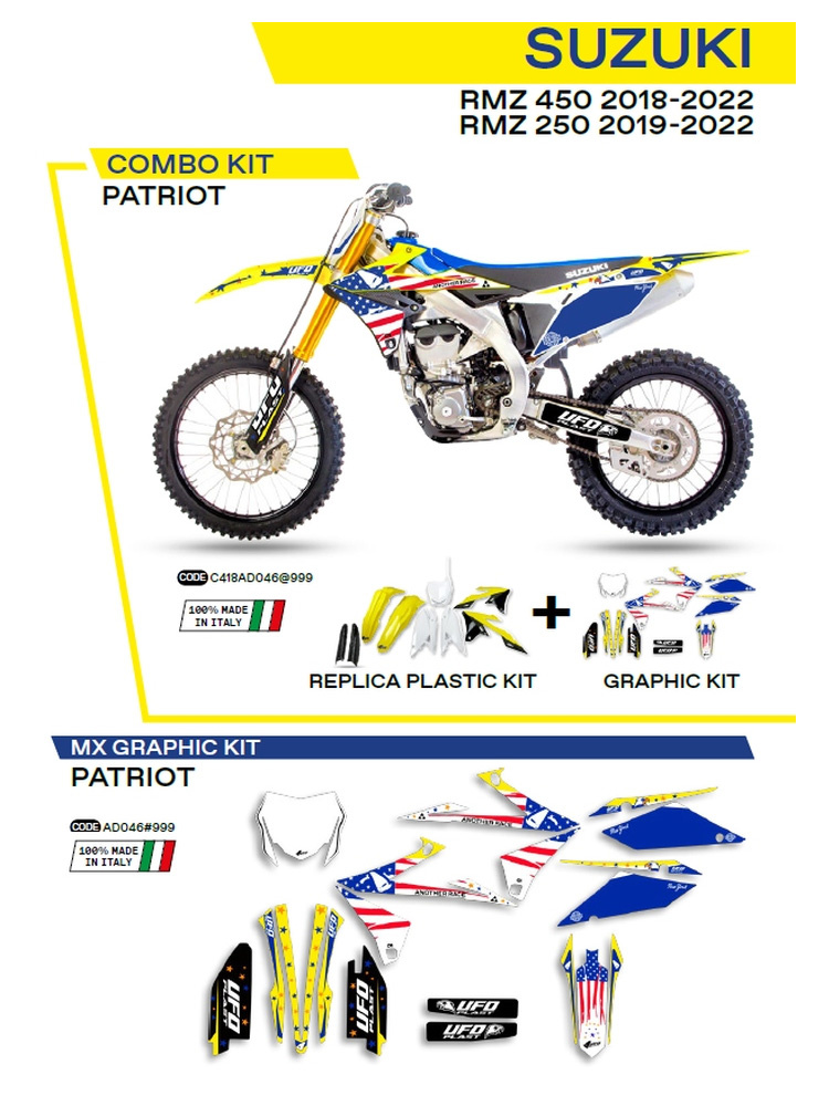 Komplet plastików i naklejek UFO Patriot do Suzuki RMZ 250 (19-), RMZ 450 (18-) żółto-biało-czarny