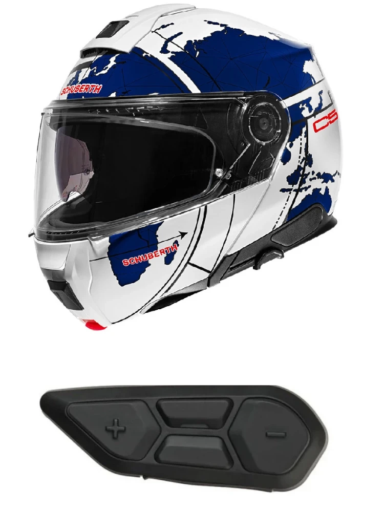 Zestaw: kask szczękowy Schuberth C5 Globe niebieski + dedykowany interkom motocyklowy