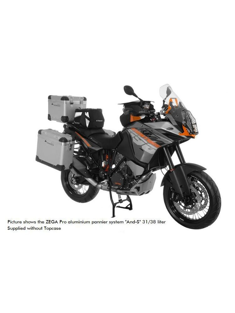Zestaw: kufry boczne z anodowanego aluminium "And-S" Zega Pro + stelaże srebrne Touratech KTM 1050 Adventure/ 1090 Adventure/ 1290 Super Adventure (-20)/1190 Adventure/R (38+45L)