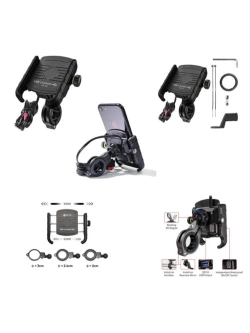 Uchwyt motocyklowy na telefon Biketec z ładowarką USB 3.0, montowany na kierownicę/ lusterko czarny [Typ: R9-METAL USB QC] 