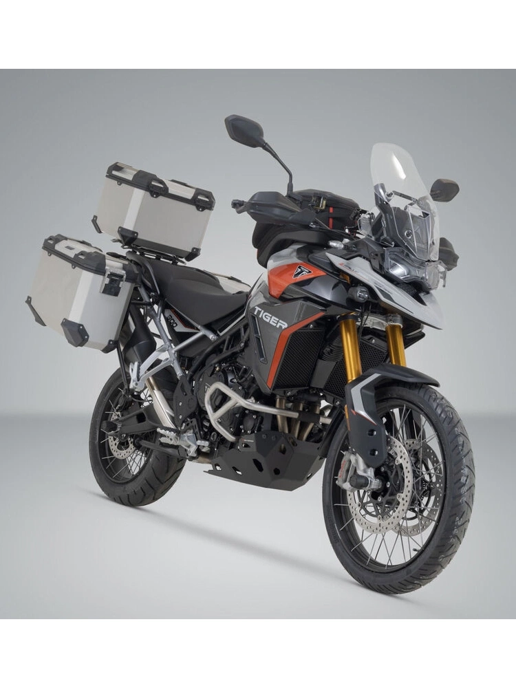 Zestaw: kufry boczne 45/37L + kufer centralny 38L TRAX ADV+ stelaże SW-Motech Triumph Tiger 900 GT/ Pro, Rally Pro (23-) srebrne
