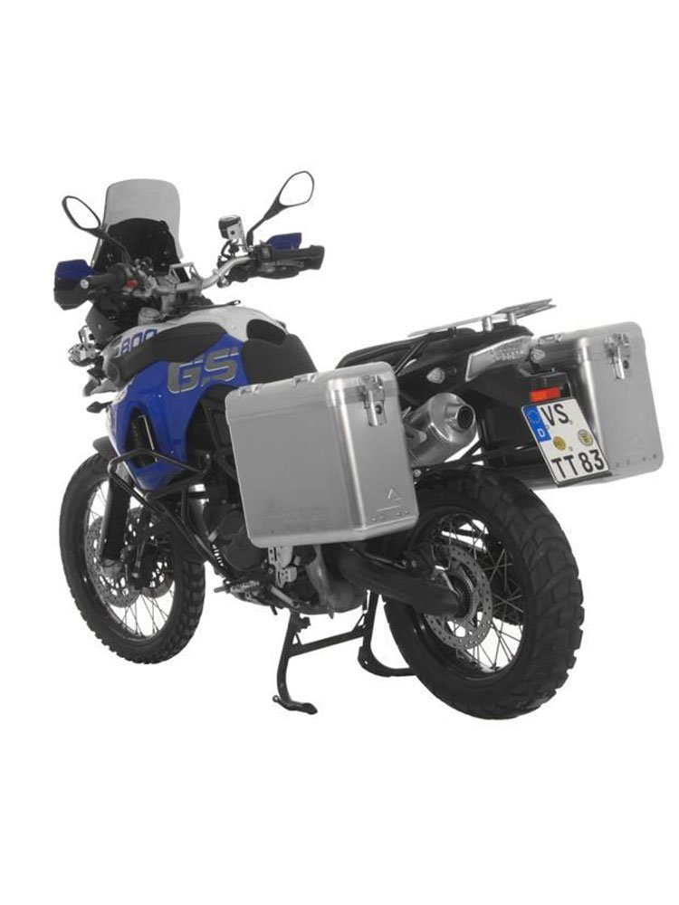 Zestaw: kufry boczne srebrne Zega Mundo + stelaże czarne Touratech BMW F800GS/F700GS/F650GS (Twin) (31+38L)