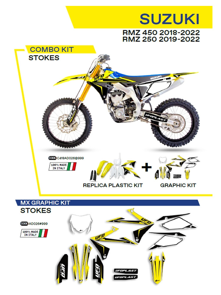 Komplet plastików i naklejek UFO Stokes do Suzuki RMZ 250 (19-), RMZ 450 (18-) biało-żółto-czarny