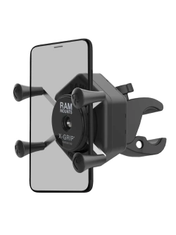 Uchwyt na telefon RAM X-Grip z adapterem tłumiącym wibracje i małą klamrą zaciskową Tough-Claw