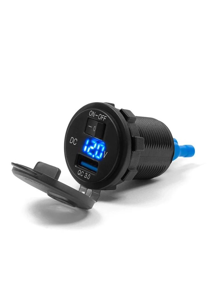 Gniazdo USB QC 3.0 z woltomierzem i wyłącznikiem Biketec mocowane do owiewki lub kierownicy czarne