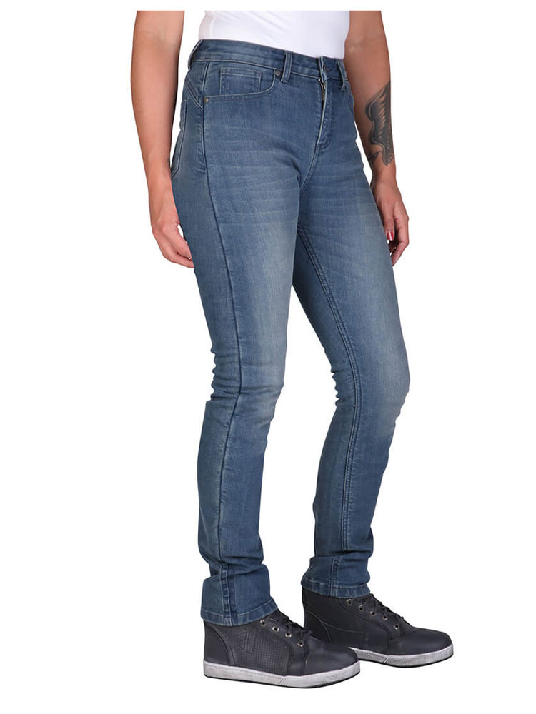 Jeansy motocyklowe damskie Modeka Tabera jasno niebieskie sprane