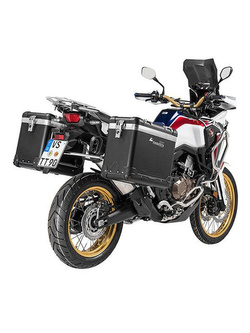 Zestaw: kufry boczne z anodowanego aluminium czarne Zega Pro+ stelaże srebrne Touratech Honda CRF1000L Africa Twin (18-22) /CRF1000L Adventure Sports (38+45L)