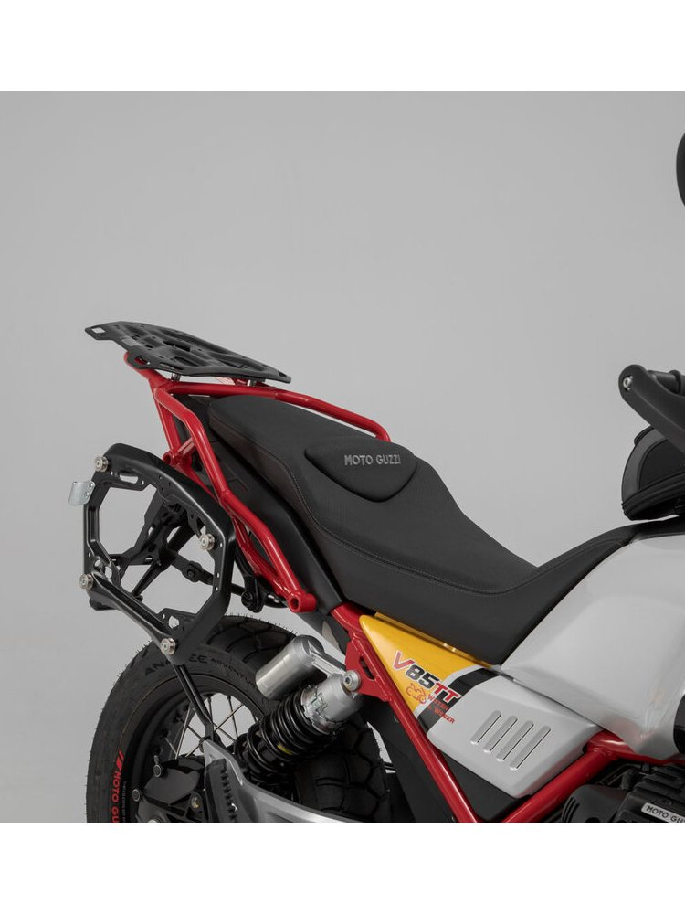 Zestaw: kufry boczne 45/37L + kufer centralny 38L TRAX ADV+ stelaże SW-MOTECH do motocykla Moto Guzzi V85 TT (19-) srebrne
