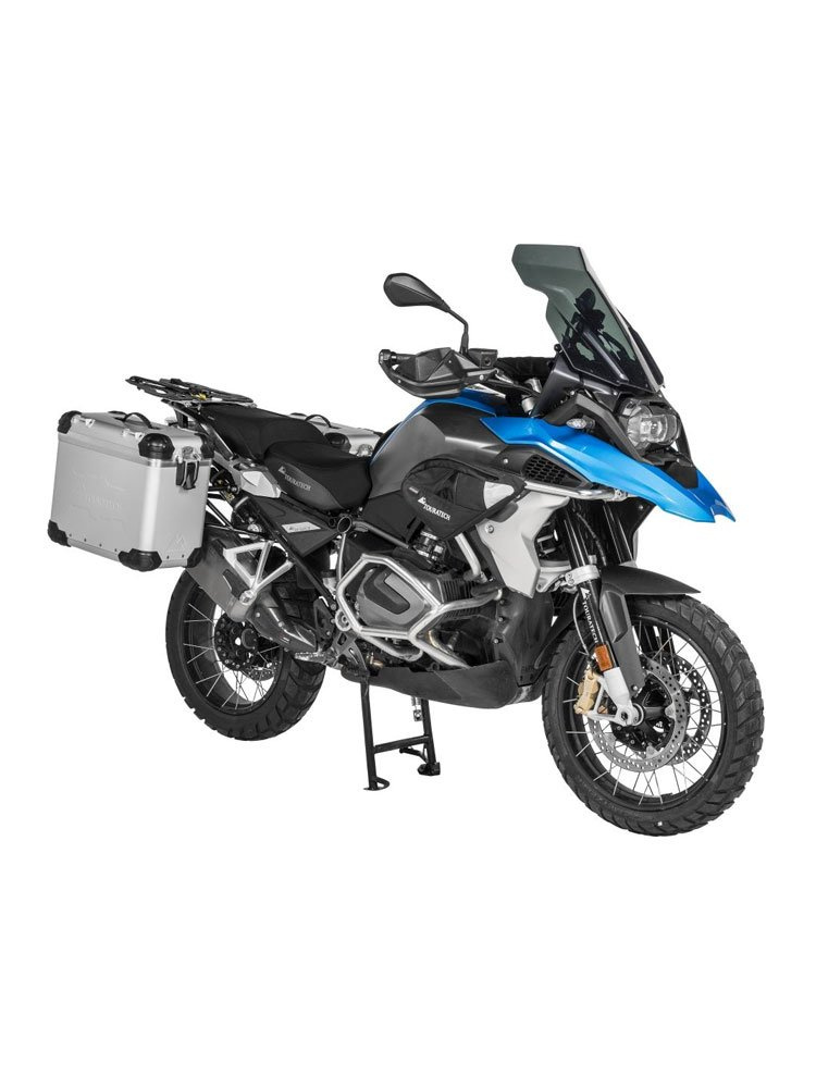 Zestaw: kufry boczne z anodowanego aluminium srebrne "And-S" Zega Evo + stelaże czarne Touratech BMW R1250GS/ R1250GS Adventure/ R1200GS (13-21)/ R1200GS Adventure (14-21) (38+45L)