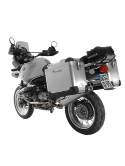 Zestaw: kufry boczne aluminiowe srebrne Zega Pro + stelaże srebrne Touratech BMW R1150GS/R1150GS Adventure/R1100GS/R850GS (38+45L)