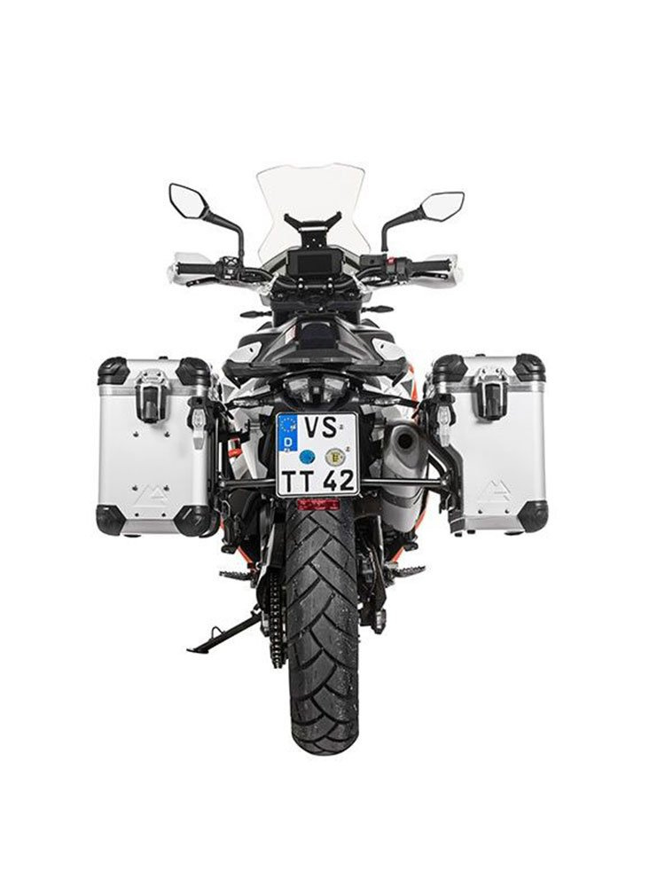 Zestaw: kufry boczne srebrne Zega Evo X + stelaże czarne Touratech KTM 890 Adventure/R, 790 Adventure/R (38/38L)