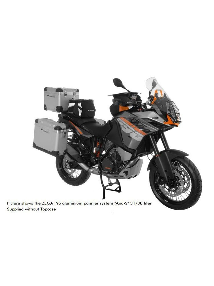 Zestaw: kufry boczne aluminiowe srebrne Zega Pro + stelaże srebrne Touratech KTM 1050 Adventure/ 1090 Adventure/ 1290 Super Adventure (-20)/1190 Adventure/R (38+45L)