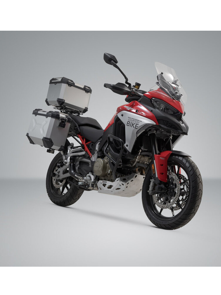 Zestaw: kufry boczne + kufer centralny TRAX ADV + stelaże SW-MOTECH do motocykla Ducati Multistrada V4 / S (20-)/ Pikes Peak (21-)/ Rally (23-) srebrne