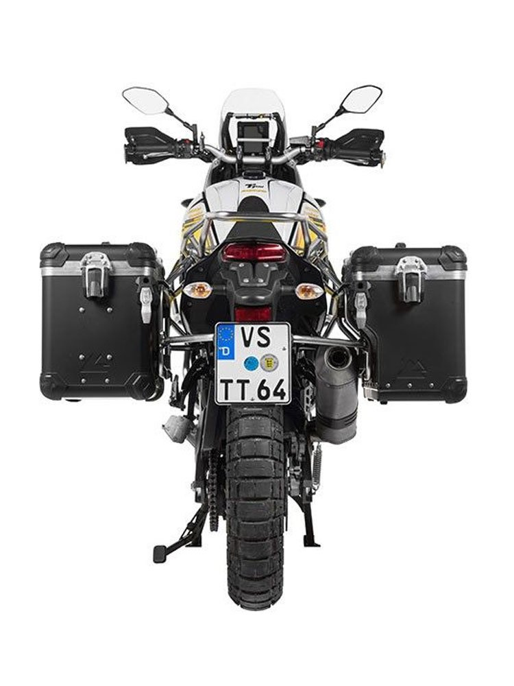 Zestaw: kufry boczne z anodowanego aluminium czarne Zega Evo X + stelaże srebne Touratech Yamaha Tenere 700 / World Raid (2 x 45L)