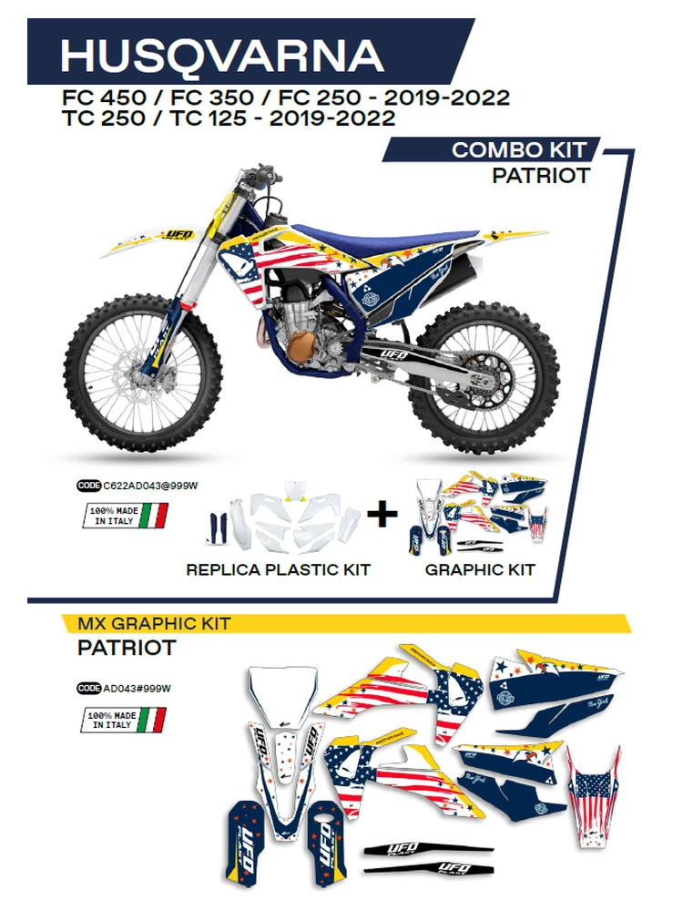 Komplet plastików i naklejek UFO Patriot do Husqvarny TC 125/250 (19-), FC 250/350/450 (19-) biało-niebieski