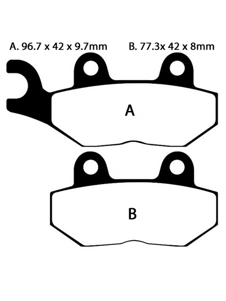 Klocki hamulcowe EBC FA214/2 A. 96.7 x 42 x 9.7mm B. 77.3 x 42 x 8mm